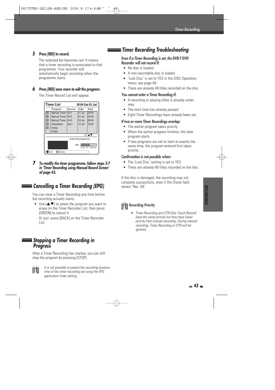 Cancelling a timer recording (epg), Stopping a timer recording in progress, Timer recording troubleshooting | Daewoo DRT-10 User Manual | Page 46 / 57