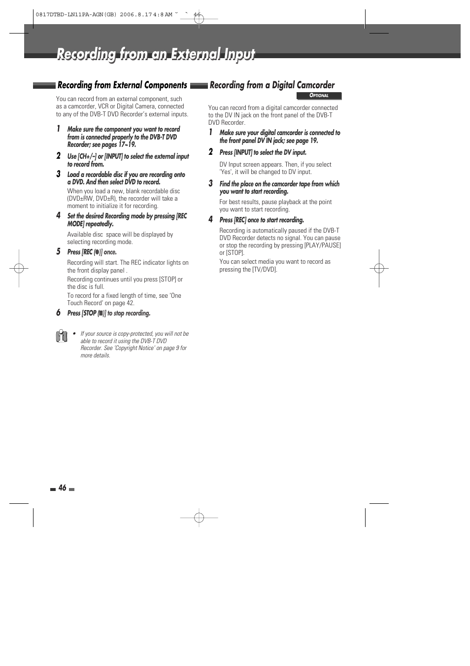 Recording from an external input, Recording from external components, Recording from a digital camcorder | Daewoo DRT-10 User Manual | Page 47 / 57