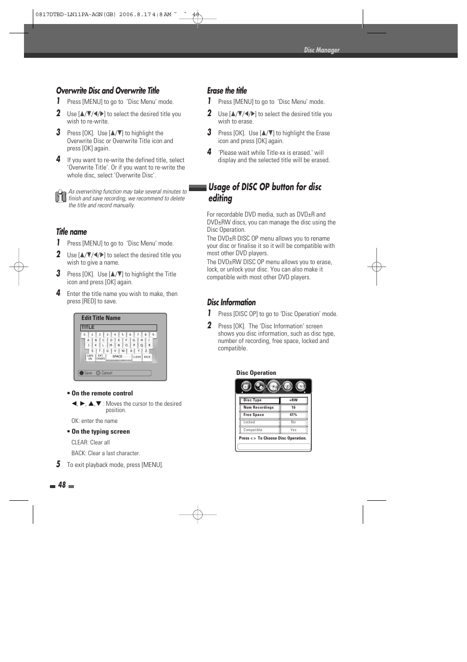 Usage of disc op button for disc editing, Overwrite disc and overwrite title 1, Title name 1 | Erase the title 1, Disc information 1 | Daewoo DRT-10 User Manual | Page 49 / 57