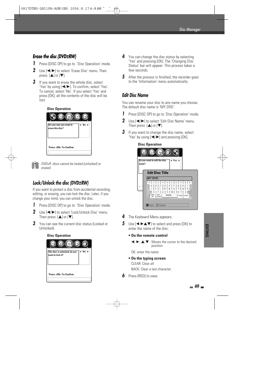 Erase the disc (dvd±rw) 1, Lock/unlock the disc (dvd±rw), Edit disc name | Daewoo DRT-10 User Manual | Page 50 / 57
