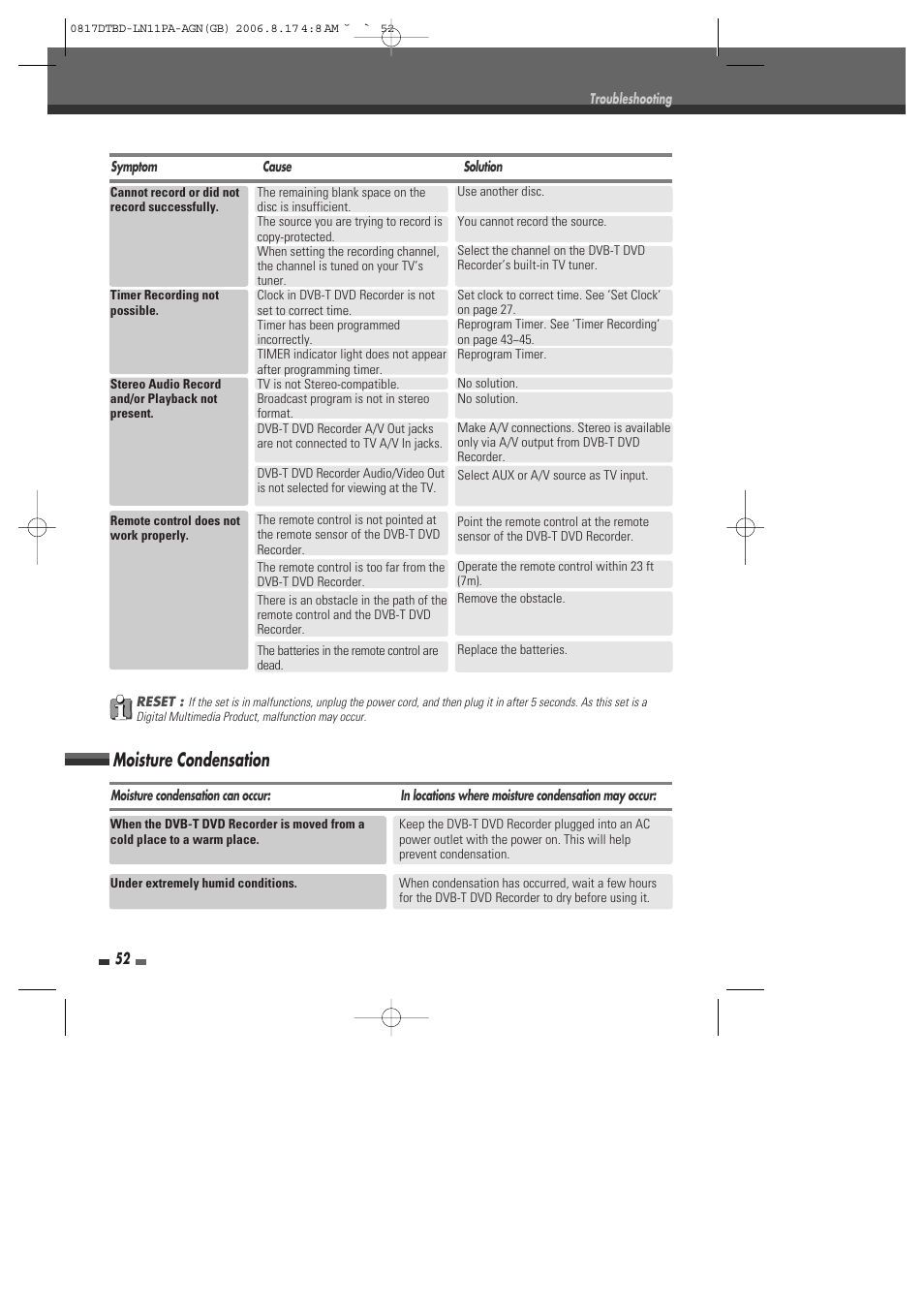 Moisture condensation | Daewoo DRT-10 User Manual | Page 53 / 57