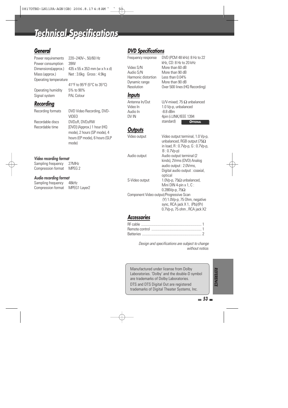 Technical specifications, General, Recording | Dvd specifications, Inputs, Outputs, Accessories | Daewoo DRT-10 User Manual | Page 54 / 57