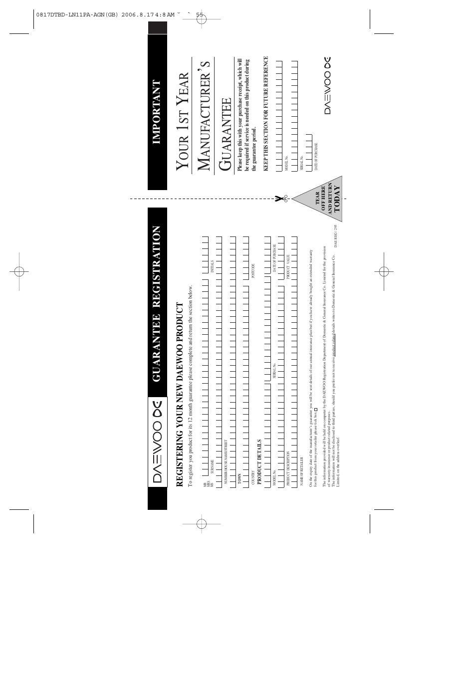 Anuf acturer, Uarantee, Guarantee registra tion impor t ant | Daewoo DRT-10 User Manual | Page 56 / 57