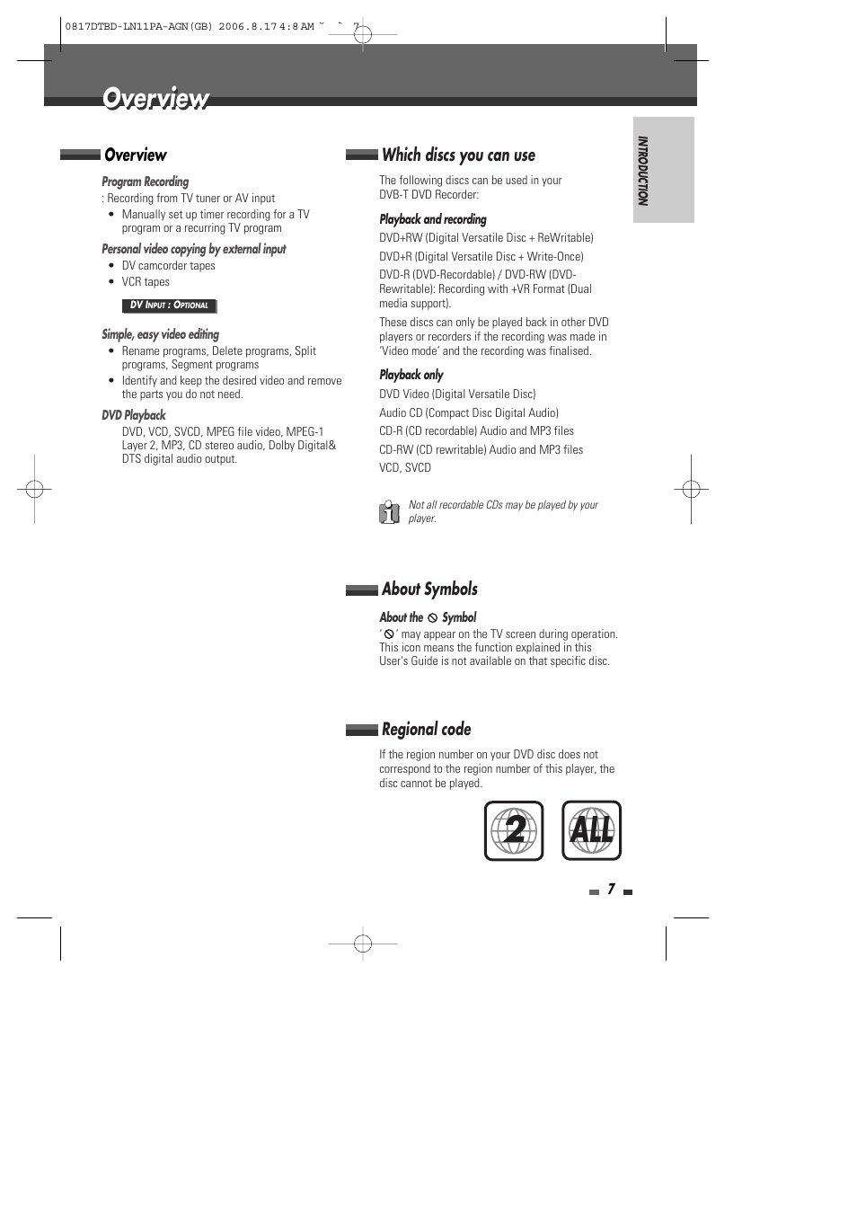 2all, Overview, Which discs you can use overview | Regional code, About symbols | Daewoo DRT-10 User Manual | Page 8 / 57