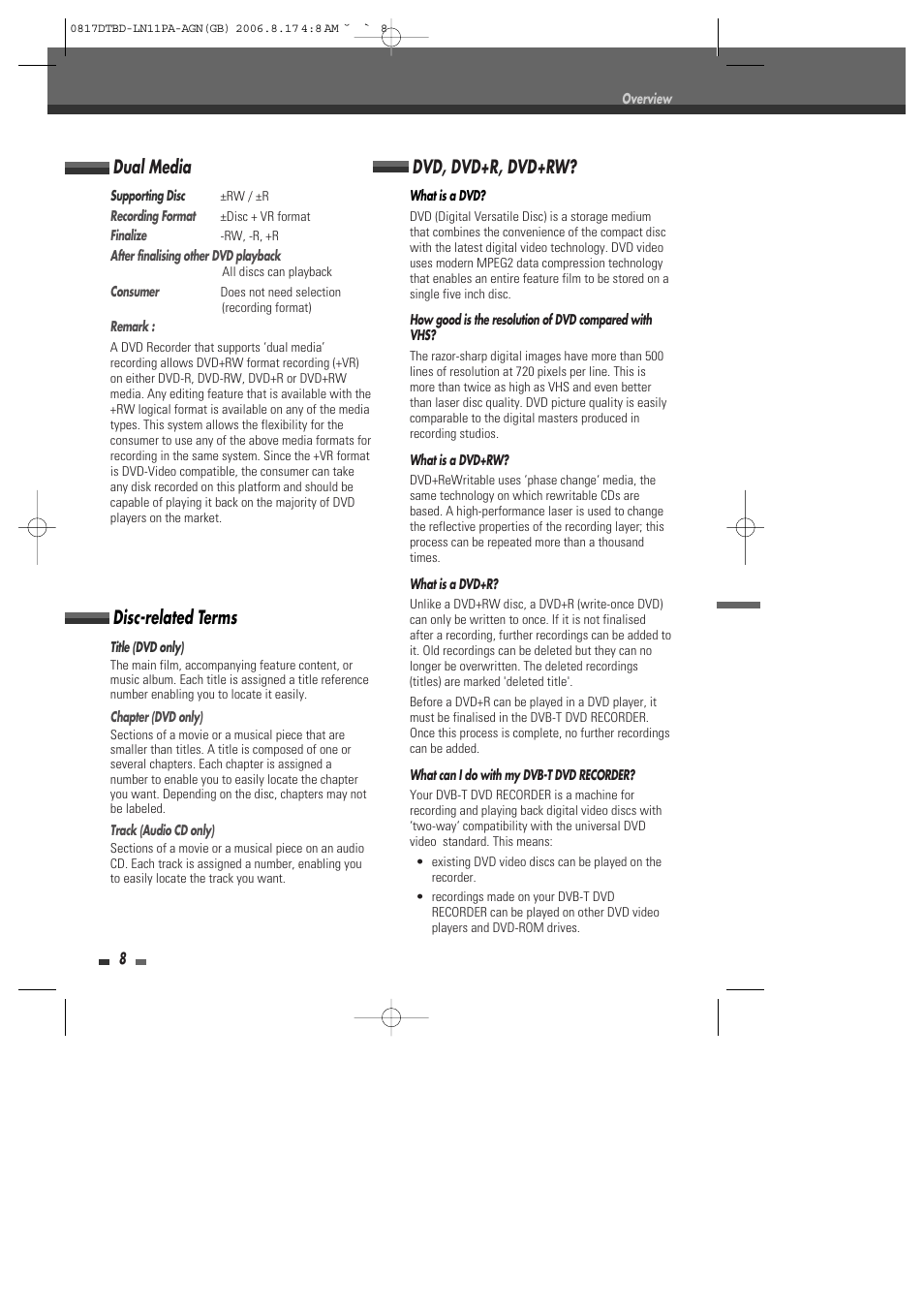 Disc-related terms, Dvd, dvd+r, dvd+rw, Dual media | Daewoo DRT-10 User Manual | Page 9 / 57