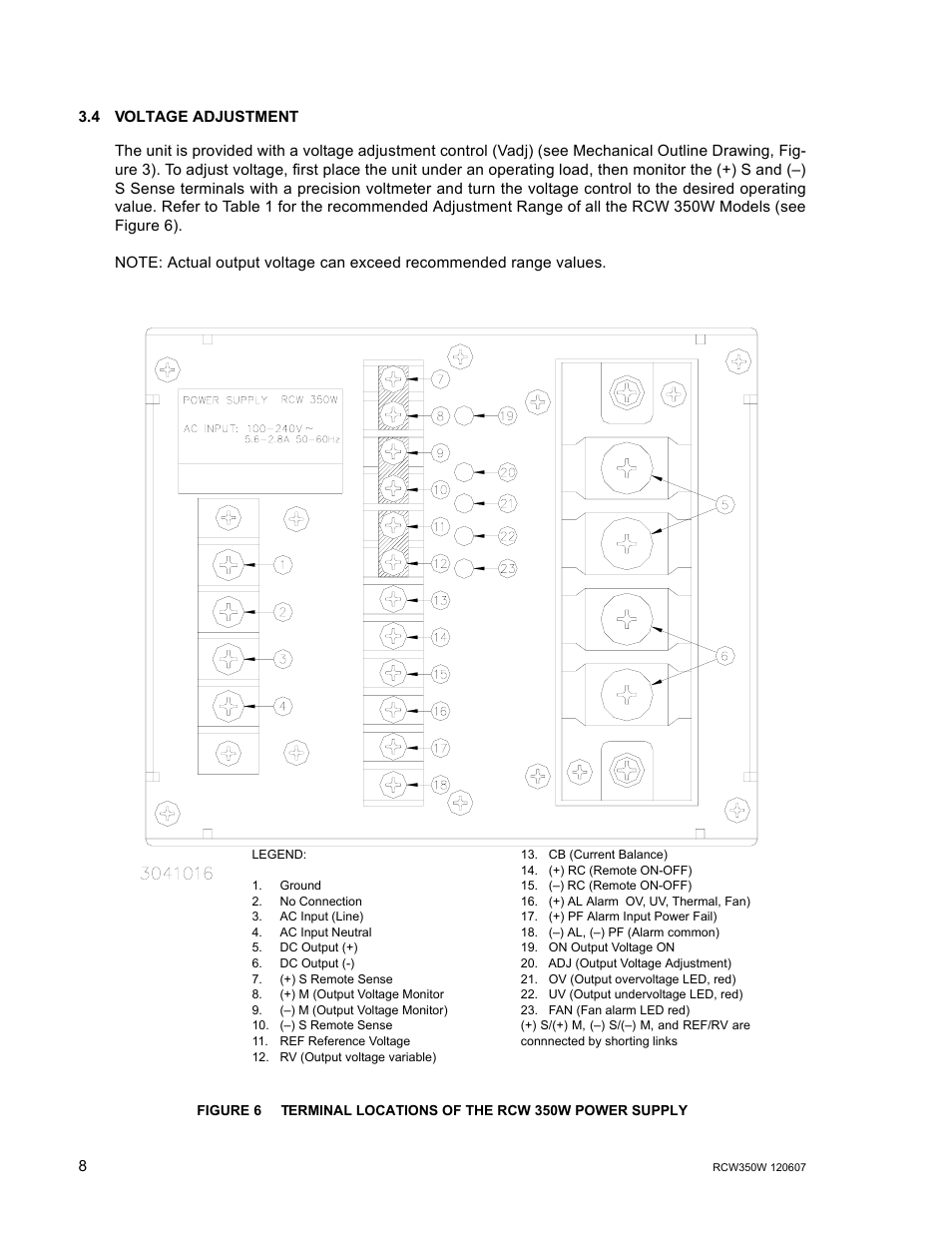 4 voltage adjustment, Voltage adjustment, Terminal locations of the rcw 350w power supply | KEPCO RCW 350W Series User Manual | Page 10 / 20