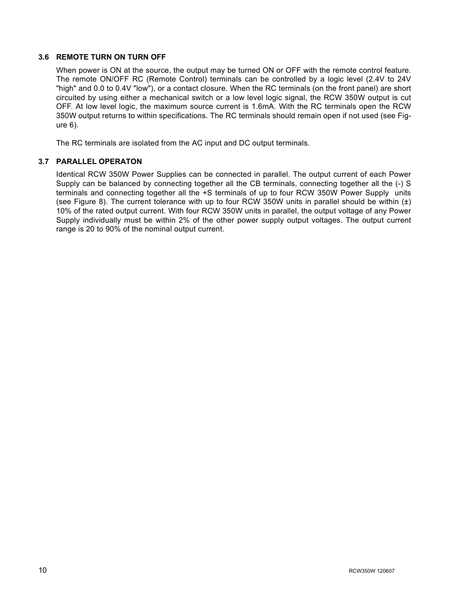 6 remote turn on turn off, 7 parallel operaton, Remote turn on turn off | Parallel operaton | KEPCO RCW 350W Series User Manual | Page 12 / 20