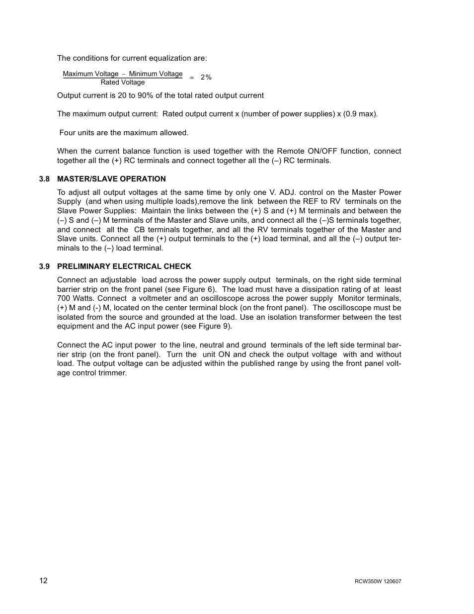 8 master/slave operation, 9 preliminary electrical check, Master/slave operation | Preliminary electrical check | KEPCO RCW 350W Series User Manual | Page 14 / 20
