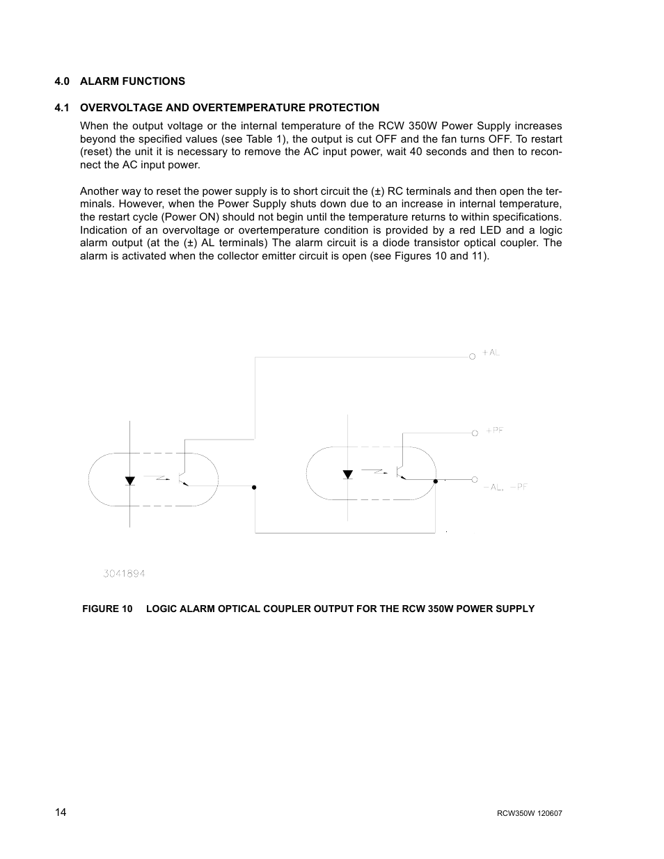 0 alarm functions, 1 overvoltage and overtemperature protection, Alarm functions | Overvoltage and overtemperature protection | KEPCO RCW 350W Series User Manual | Page 16 / 20