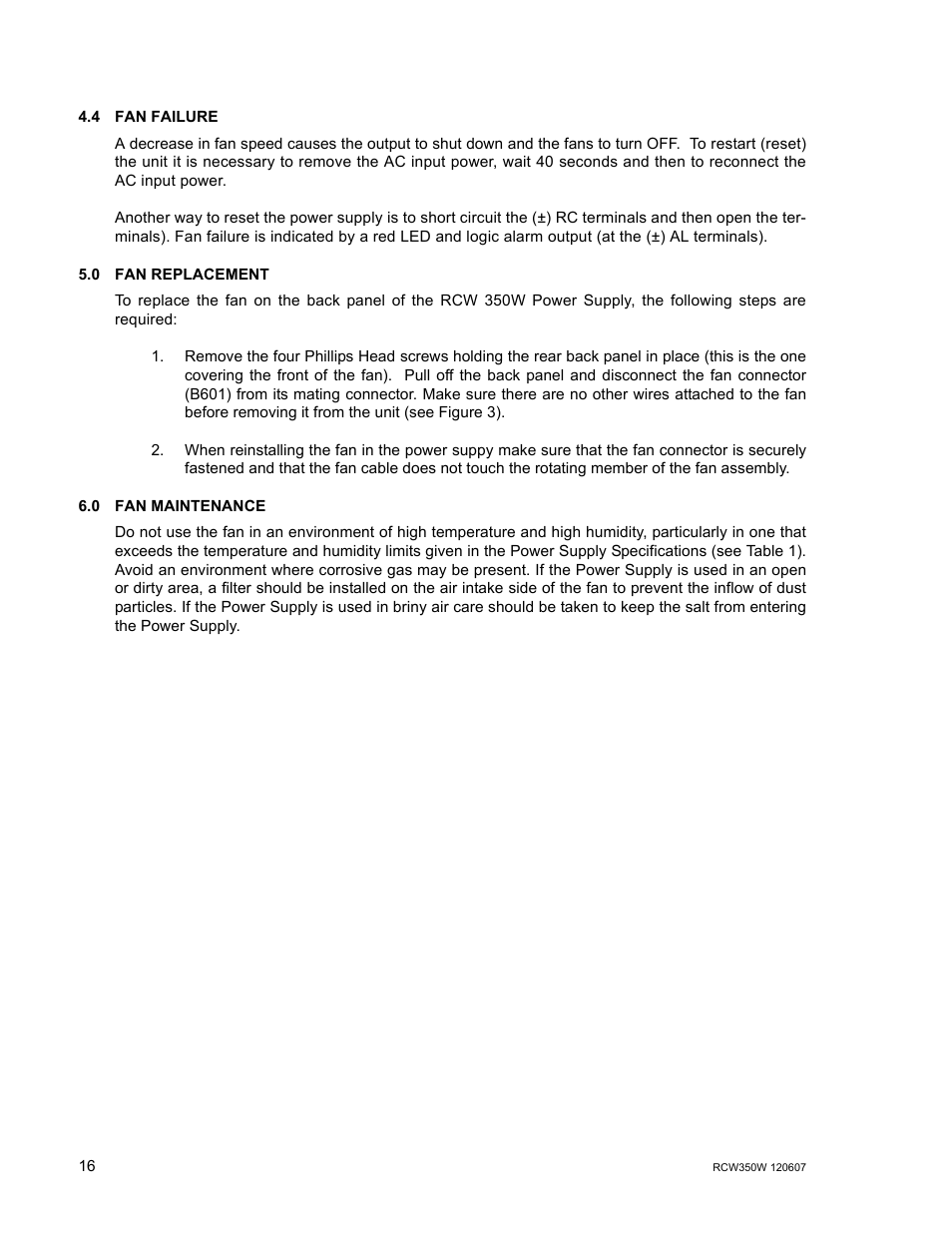 4 fan failure, 0 fan replacement, 0 fan maintenance | Fan failure, Fan replacement, Fan maintenance | KEPCO RCW 350W Series User Manual | Page 18 / 20