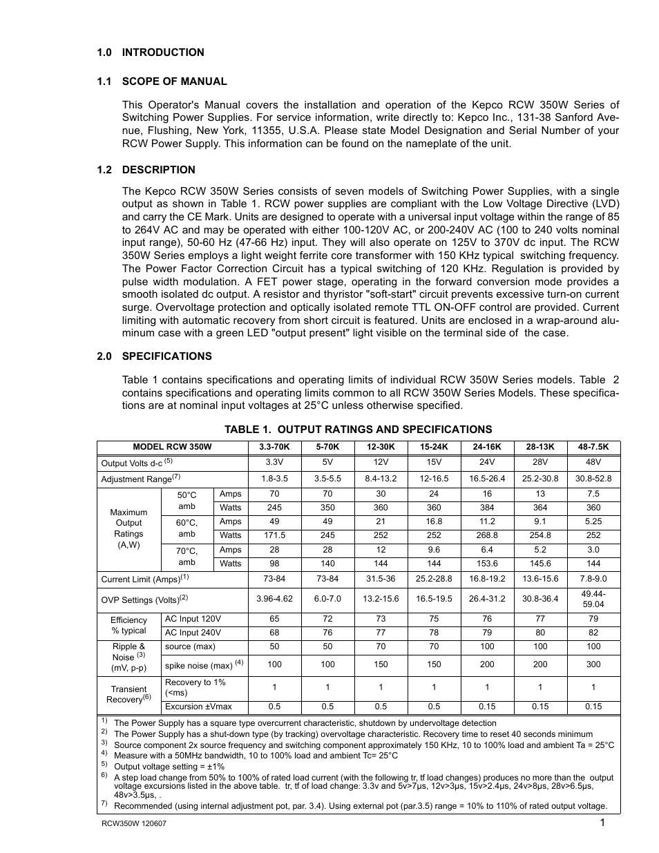 0 introduction, 1 scope of manual, 2 description | 0 specifications, Table 1. output ratings and specifications, Scope of manual, Description, Specifications, Output ratings and specifications | KEPCO RCW 350W Series User Manual | Page 3 / 20