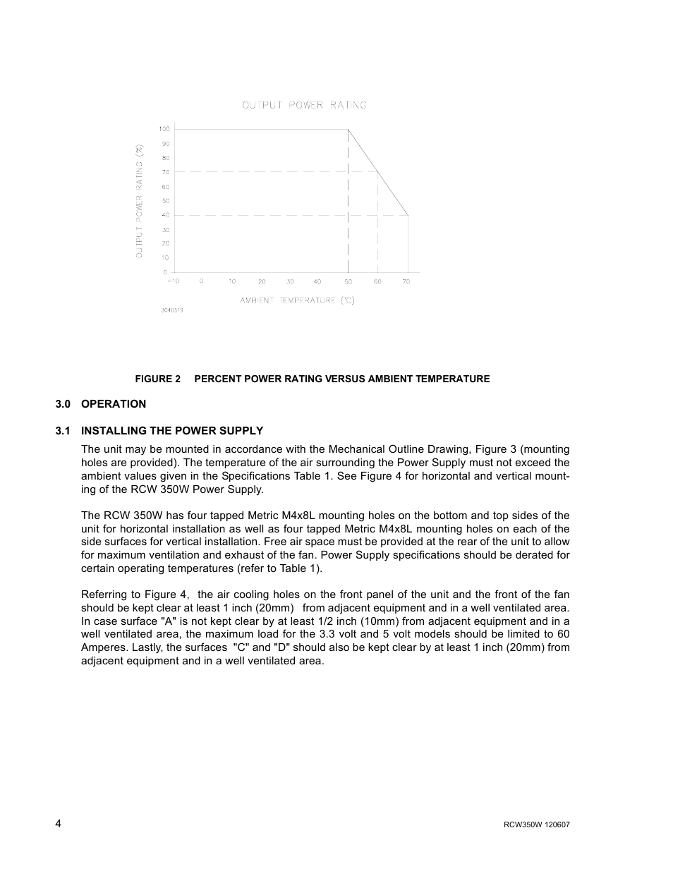 0 operation, 1 installing the power supply, Operation | Installing the power supply, Percent power rating versus ambient temperature | KEPCO RCW 350W Series User Manual | Page 6 / 20
