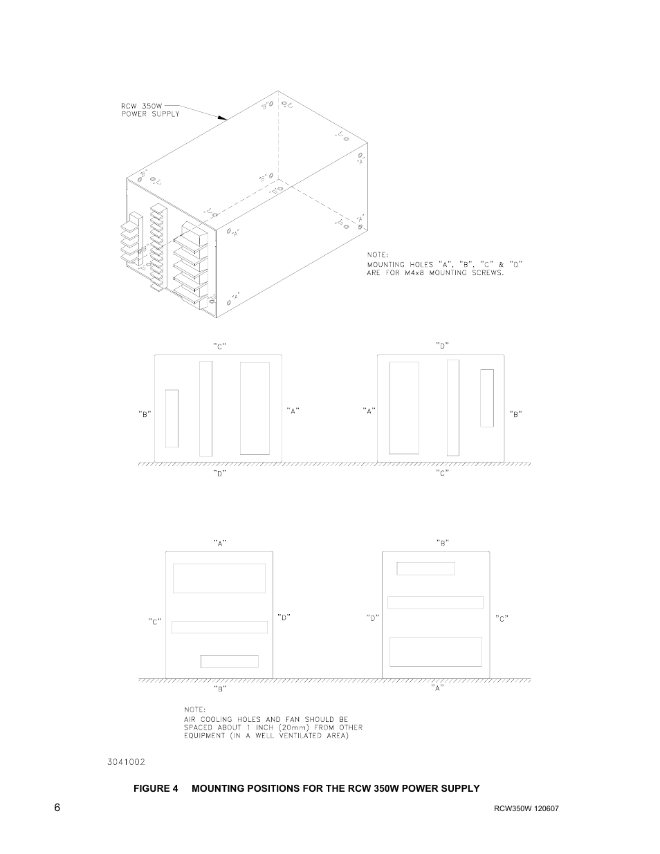 Mounting positions for the rcw 350w power supply, Re 4 for h, Re 4 | KEPCO RCW 350W Series User Manual | Page 8 / 20