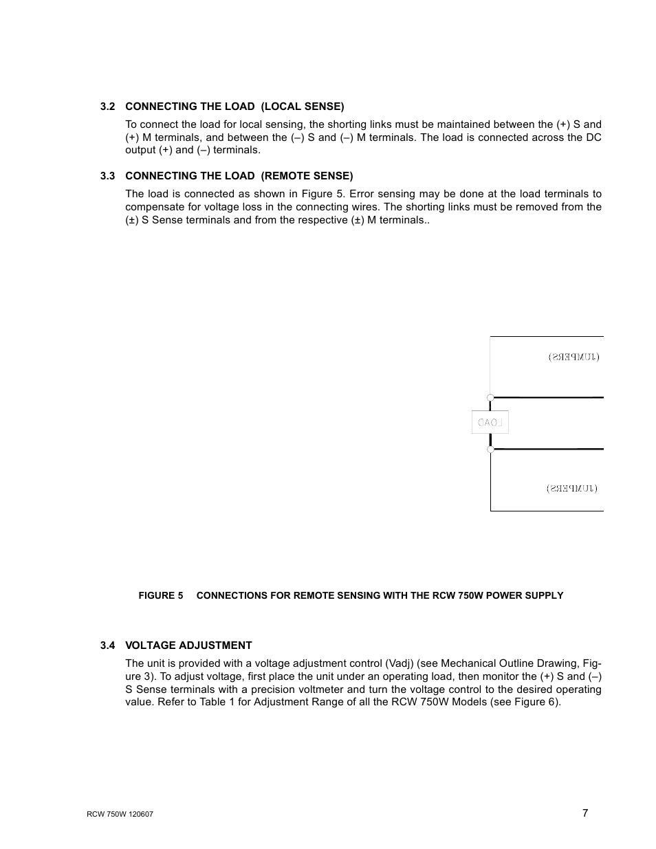 2 connecting the load (local sense), 3 connecting the load (remote sense), 4 voltage adjustment | Connecting the load (local sense), Connecting the load (remote sense), Voltage adjustment | KEPCO RCW 750W Series User Manual | Page 11 / 20