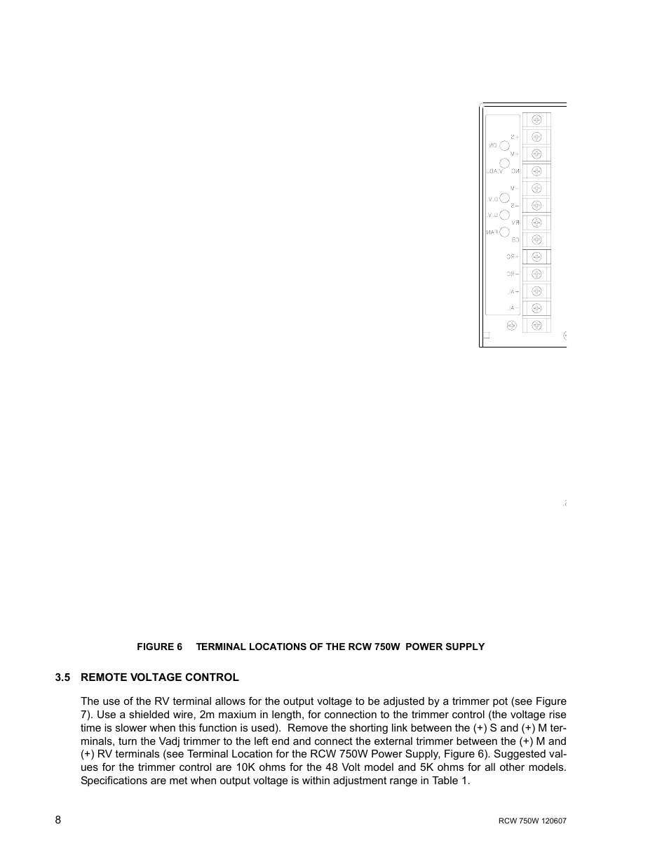 5 remote voltage control, Remote voltage control, Terminal locations of the rcw 750w power supply | KEPCO RCW 750W Series User Manual | Page 12 / 20