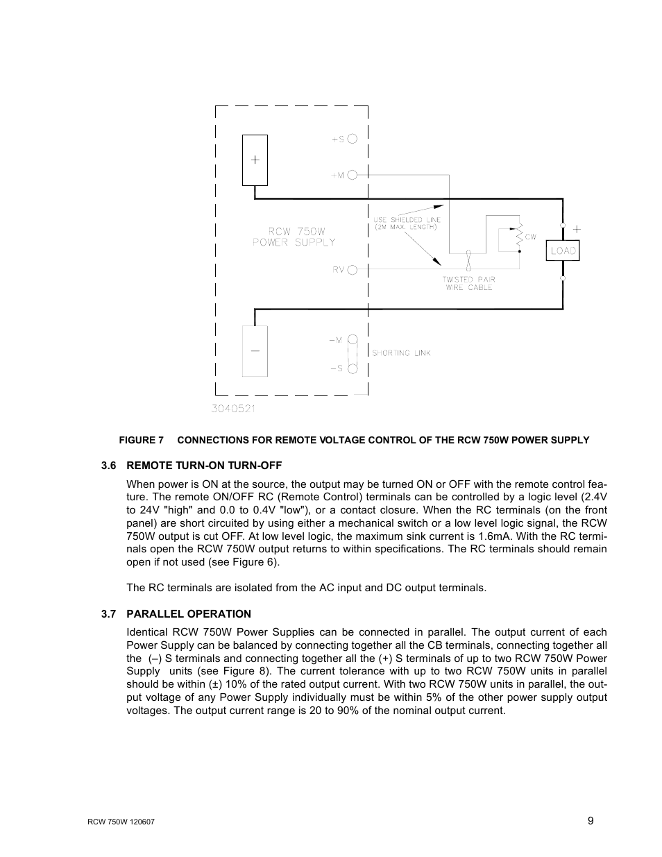 6 remote turn-on turn-off, 7 parallel operation, Remote turn-on turn-off | Parallel operation | KEPCO RCW 750W Series User Manual | Page 13 / 20