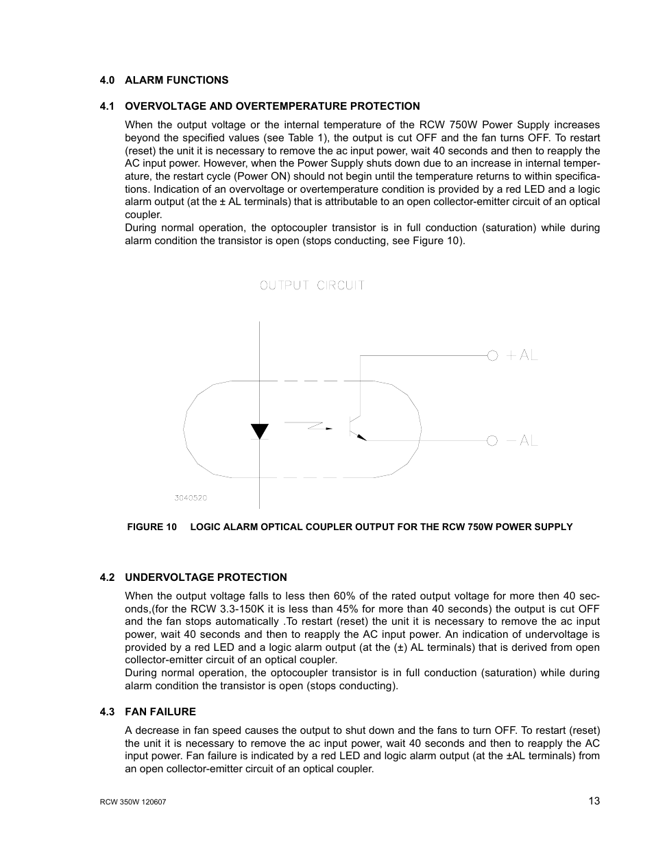 0 alarm functions, 1 overvoltage and overtemperature protection, 2 undervoltage protection | 3 fan failure, Alarm functions, Overvoltage and overtemperature protection, Undervoltage protection, Fan failure | KEPCO RCW 750W Series User Manual | Page 17 / 20