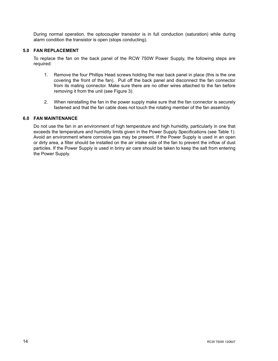 0 fan replacement, 0 fan maintenance, Fan replacement | Fan maintenance | KEPCO RCW 750W Series User Manual | Page 18 / 20