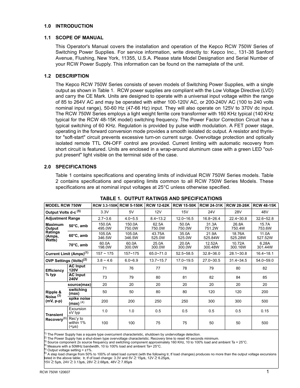 0 introduction, 1 scope of manual, 2 description | 0 specifications, Table 1. output ratings and specifications, Scope of manual, Description, Specifications | KEPCO RCW 750W Series User Manual | Page 5 / 20