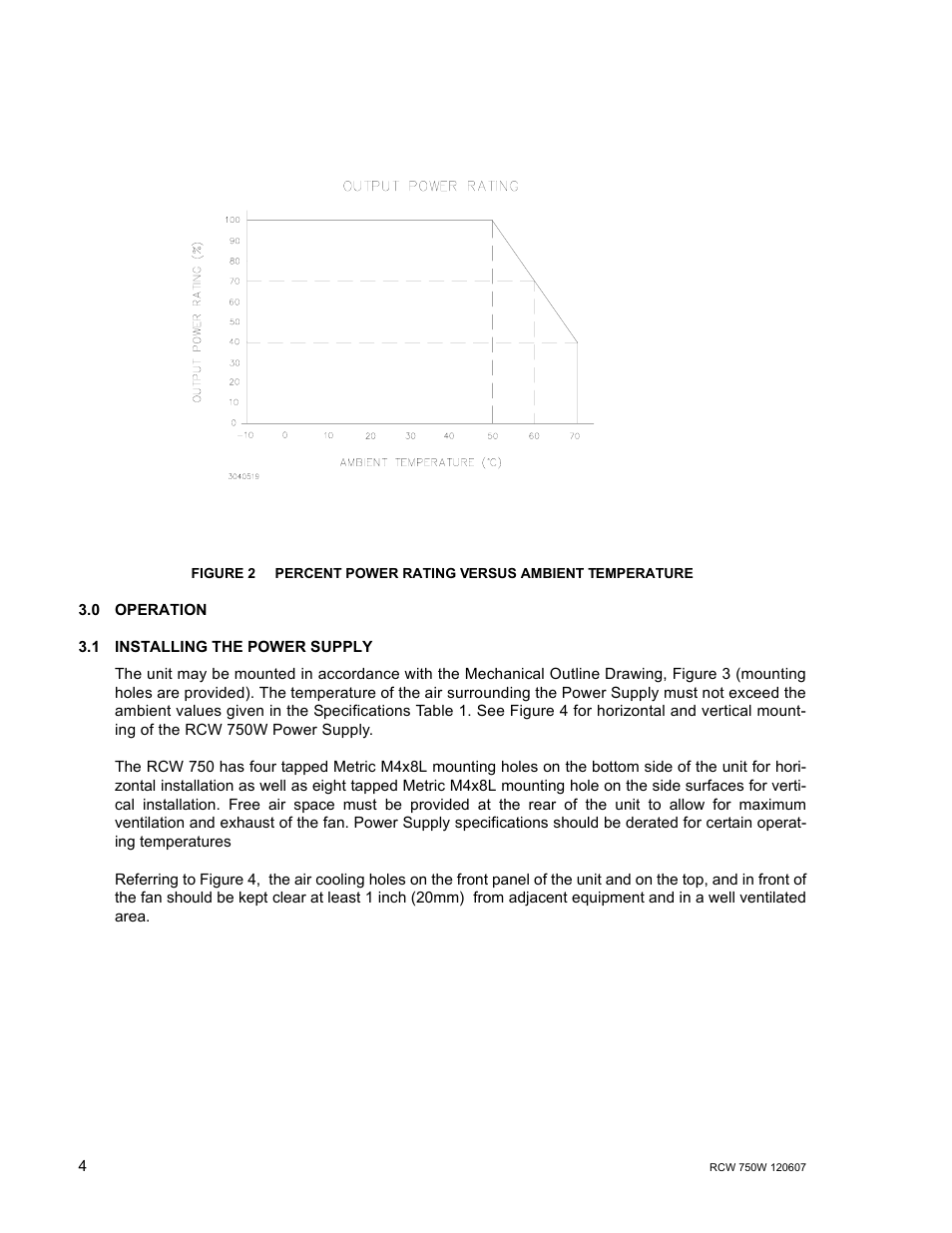 0 operation, 1 installing the power supply, Operation | Installing the power supply, Percent power rating versus ambient temperature | KEPCO RCW 750W Series User Manual | Page 8 / 20