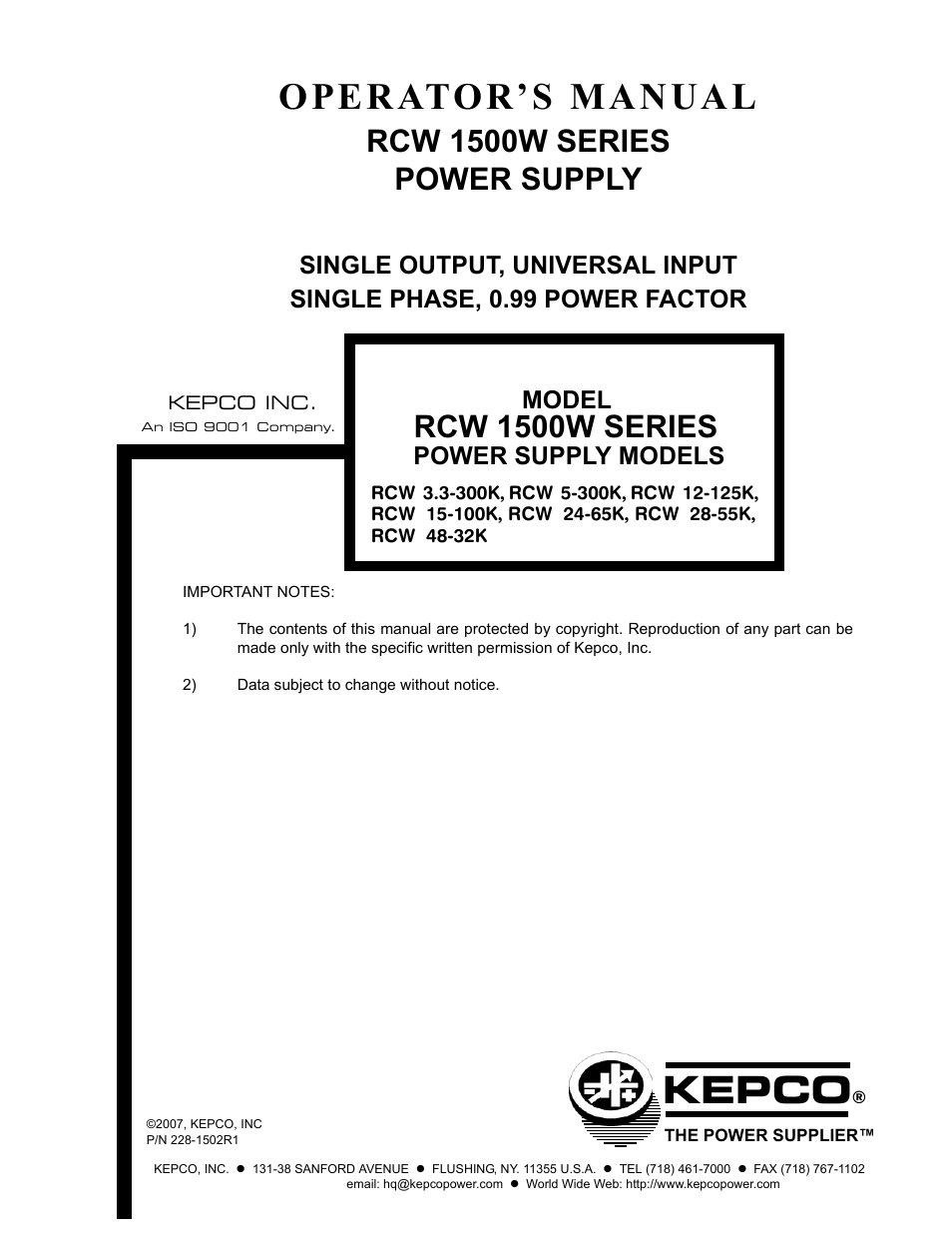 KEPCO RCW 1500W Series User Manual | 20 pages