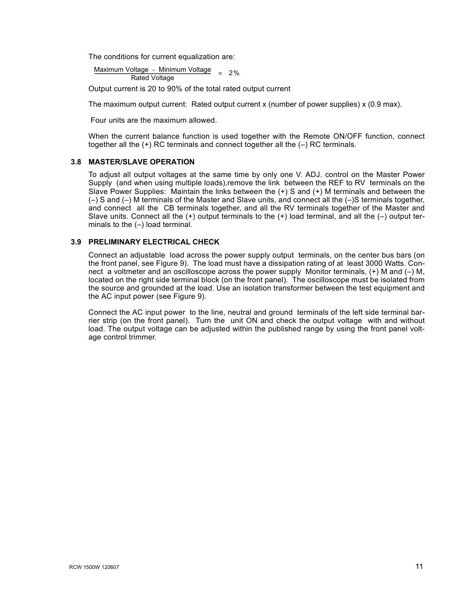 8 master/slave operation, 9 preliminary electrical check, Master/slave operation | Preliminary electrical check | KEPCO RCW 1500W Series User Manual | Page 13 / 20