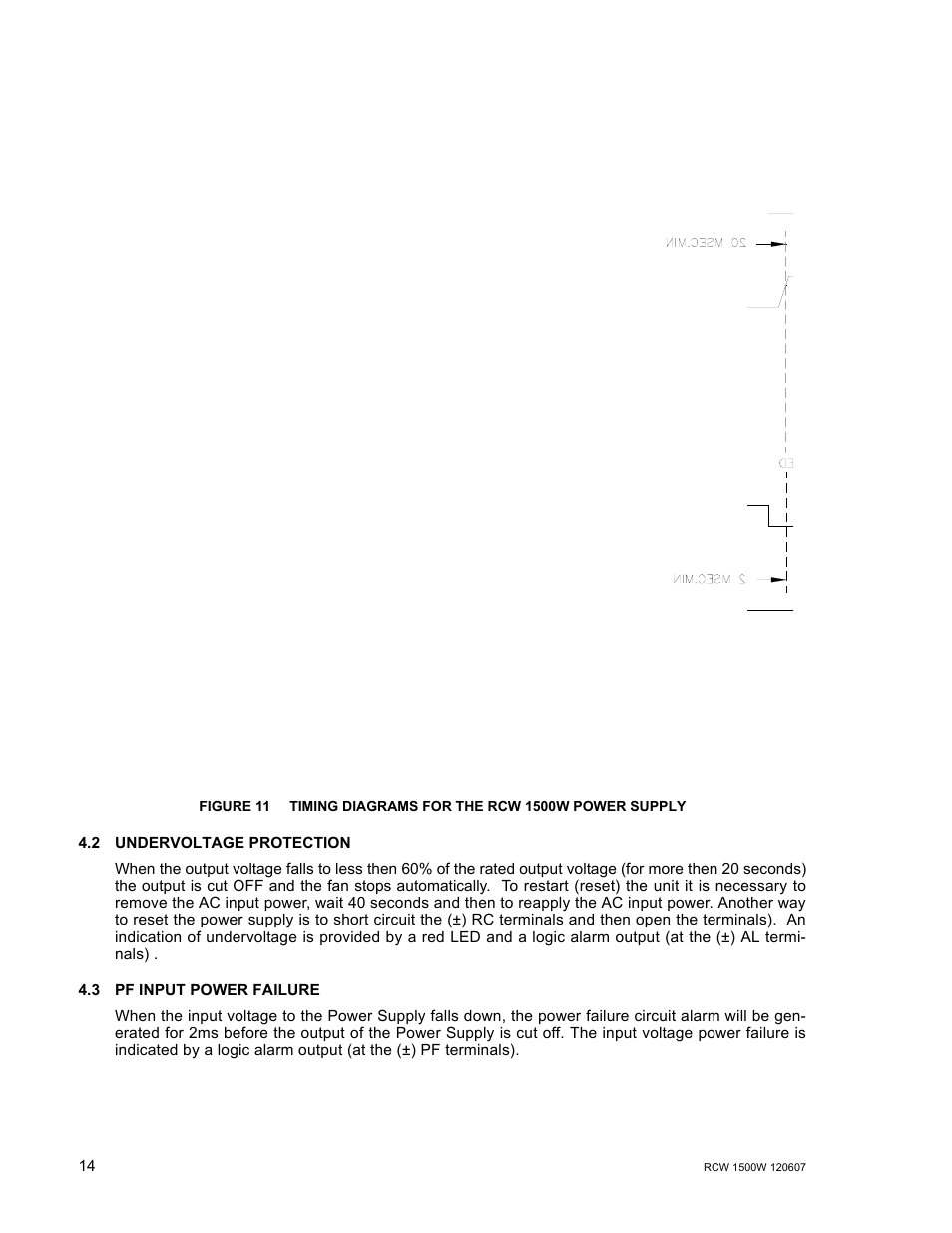 2 undervoltage protection, 3 pf input power failure, Undervoltage protection | Pf input power failure, Timing diagrams for the rcw 1500w power supply | KEPCO RCW 1500W Series User Manual | Page 16 / 20