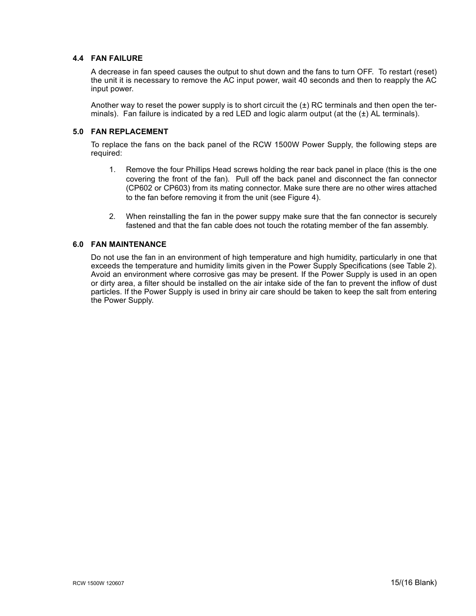 4 fan failure, 0 fan replacement, 0 fan maintenance | Fan failure, Fan replacement, Fan maintenance | KEPCO RCW 1500W Series User Manual | Page 17 / 20