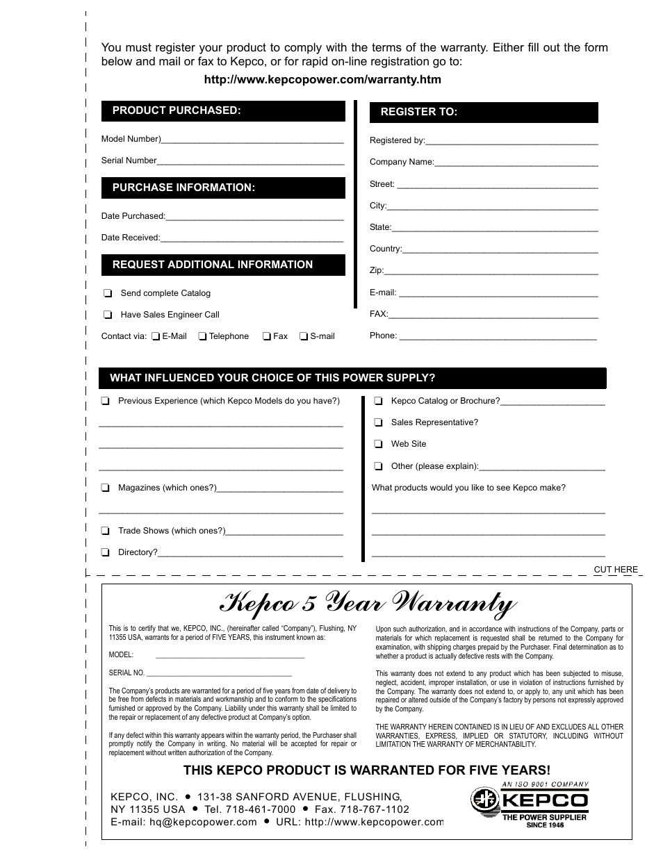 Kepco 5 year warranty, This kepco product is warranted for five years | KEPCO RCW 1500W Series User Manual | Page 19 / 20