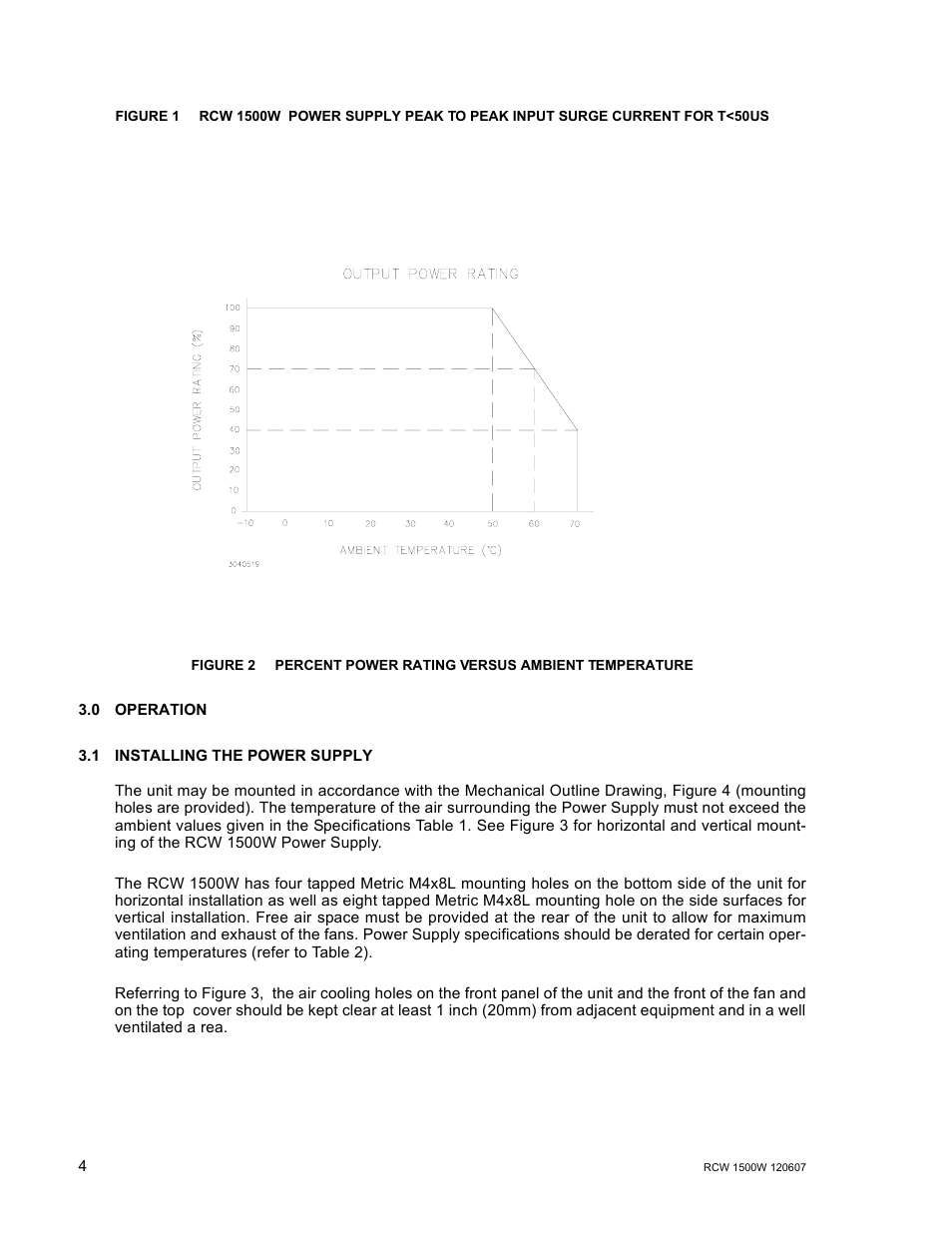 0 operation, 1 installing the power supply, Operation | Installing the power supply, Percent power rating versus ambient temperature | KEPCO RCW 1500W Series User Manual | Page 6 / 20