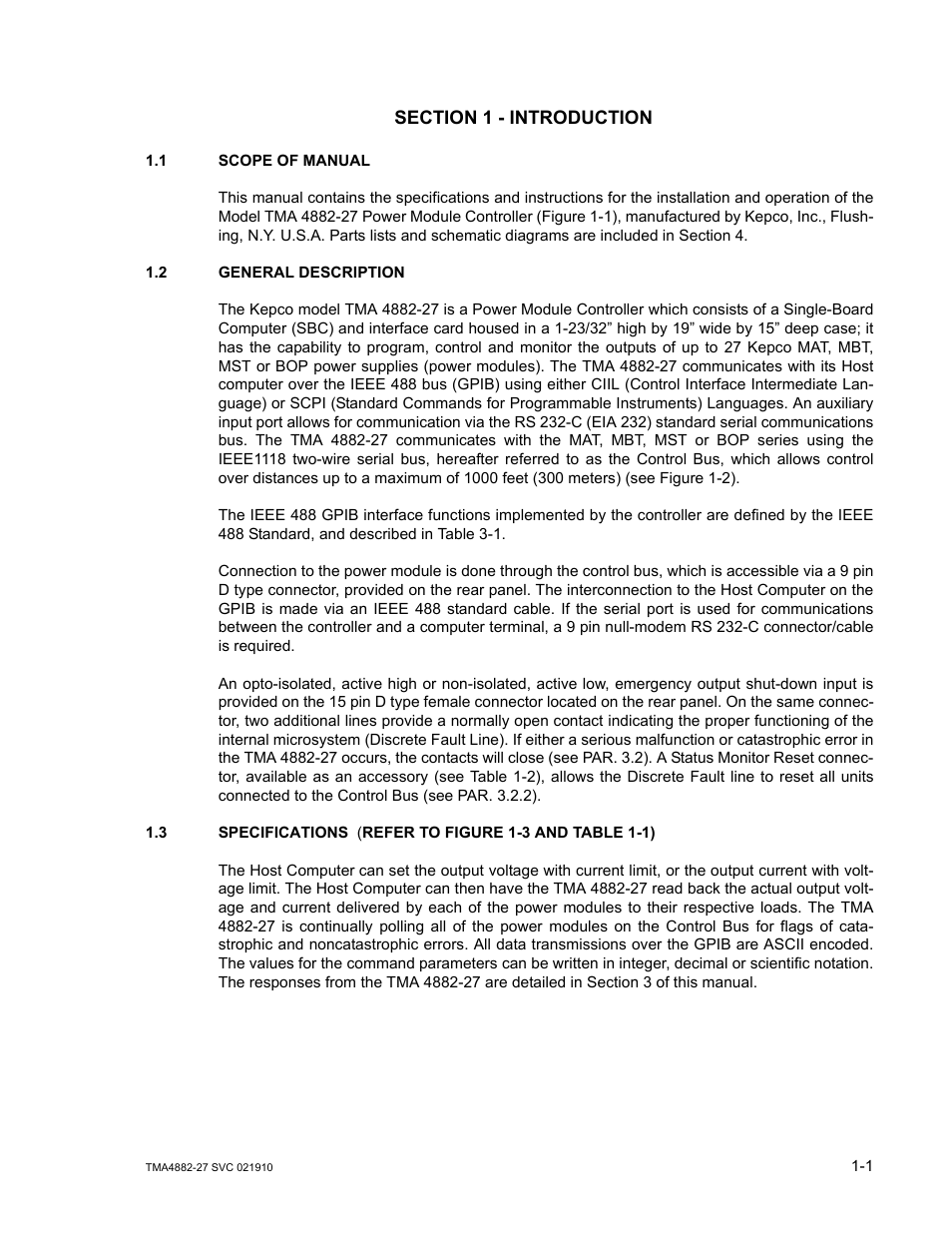 Section 1 - introduction, 1 scope of manual, 2 general description | 3 specifications, Scope of manual -1, General description -1, Specifications -1 | KEPCO TMA 4882-27 User Manual | Page 13 / 72