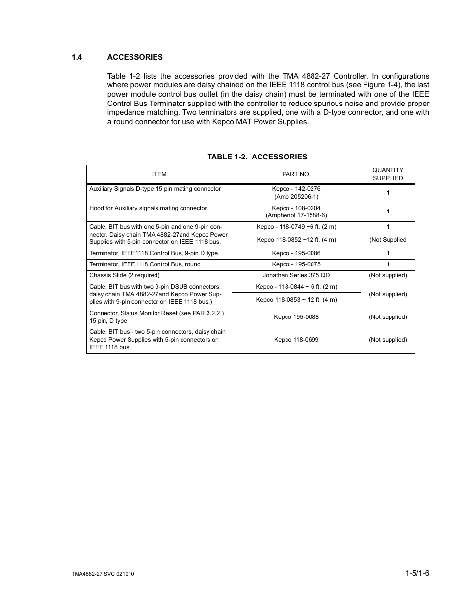4 accessories, Table 1-2. accessories, Accessories -5 | KEPCO TMA 4882-27 User Manual | Page 17 / 72