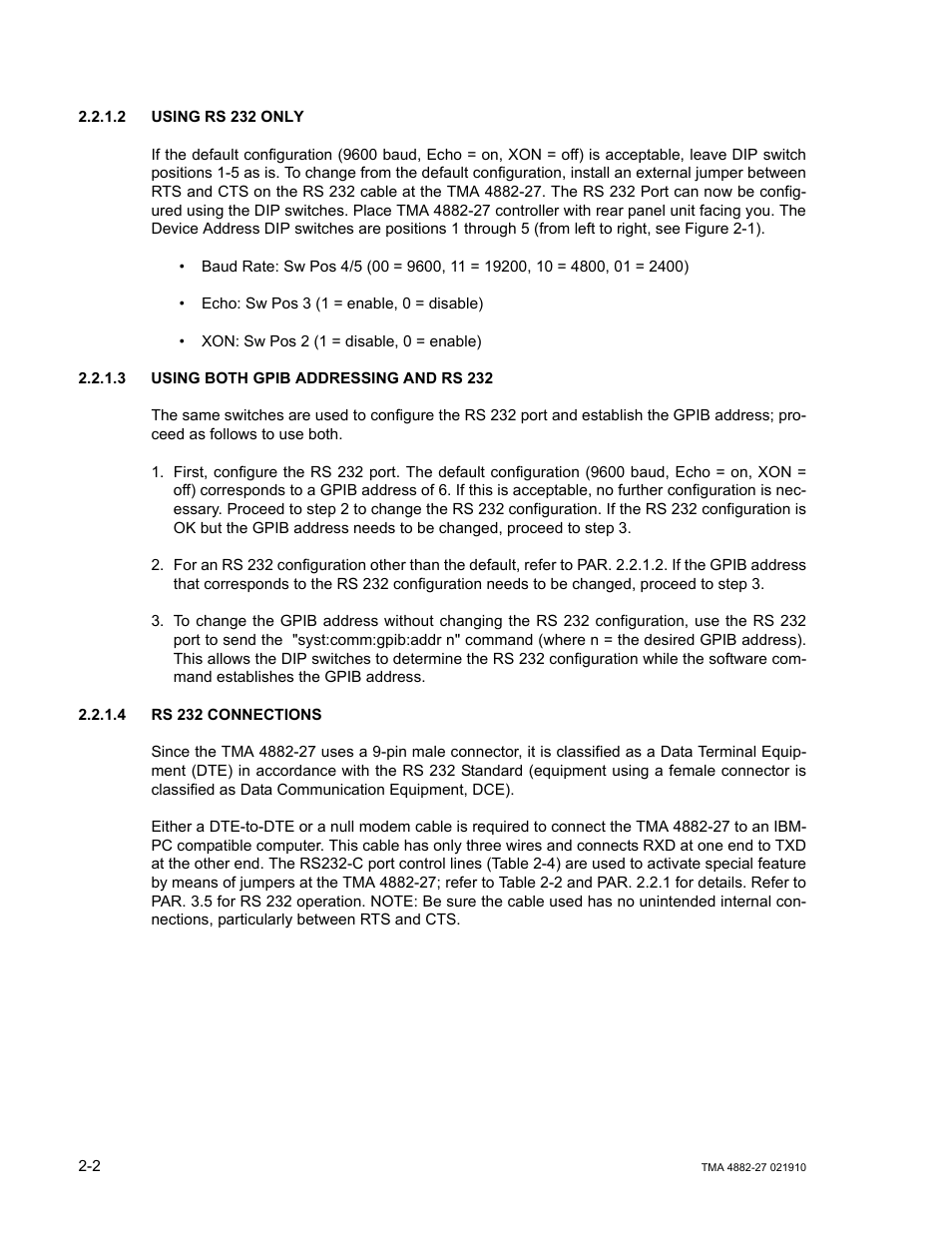 2 using rs 232 only, 3 using both gpib addressing and rs 232, 4 rs 232 connections | Using rs 232 only -2, Using both gpib addressing and rs 232 -2, Rs 232 connections -2, R. 2.2.1.4) | KEPCO TMA 4882-27 User Manual | Page 20 / 72