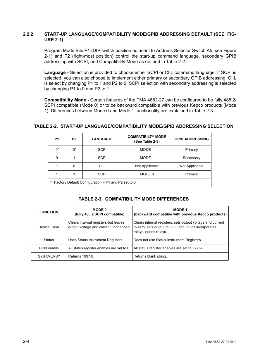 Table 2-3. compatibility mode differences, Compatibility mode differences -4, Ar. 2.2.2) | KEPCO TMA 4882-27 User Manual | Page 22 / 72