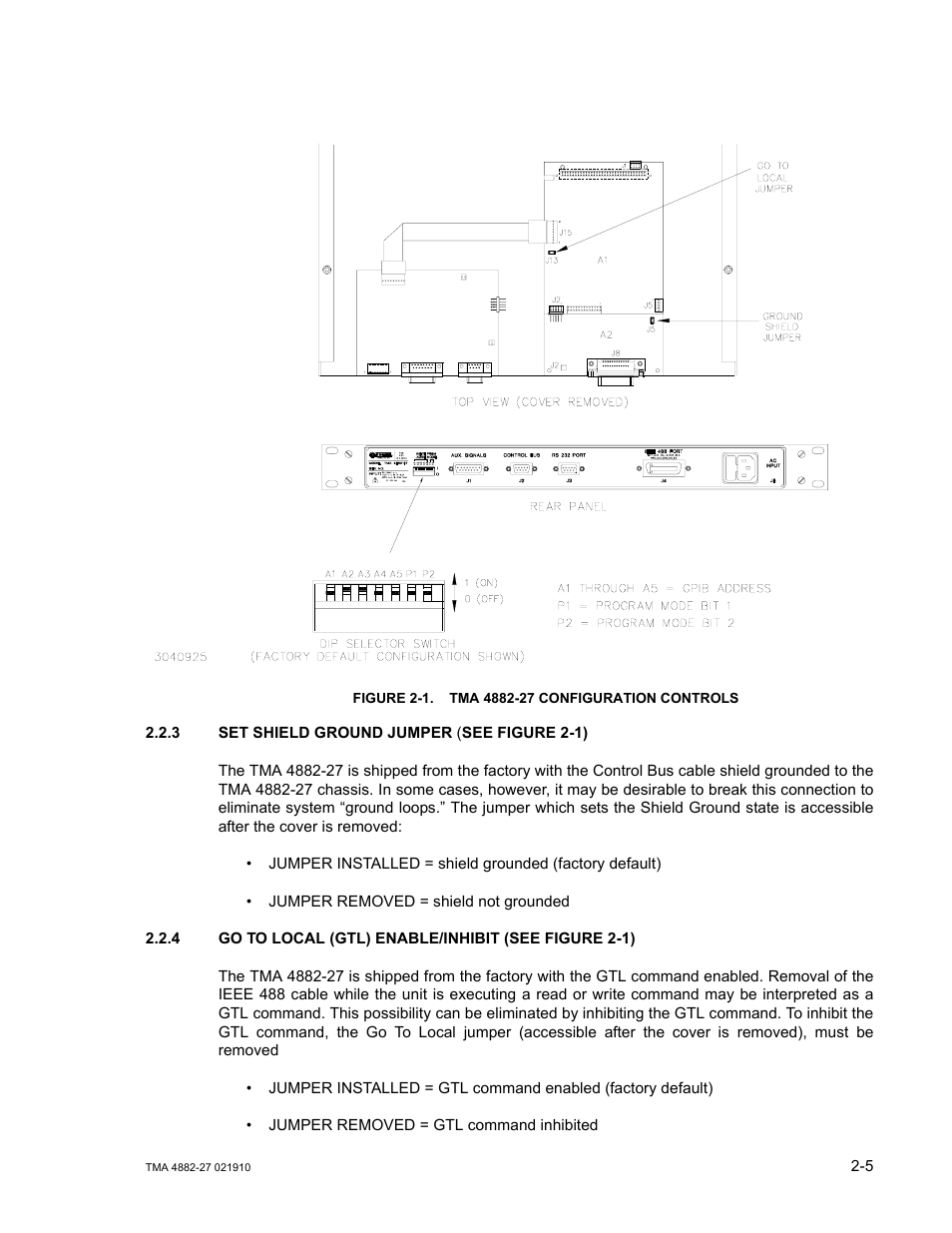 Figure 2-1. tma 4882-27 configuration controls, 3 set shield ground jumper, 4 go to local (gtl) enable/inhibit | Set shield ground jumper -5, Go to local (gtl) enable/inhibit -5, Tma 4882-27 configuration controls -5, See figure 2-1), Ure 2-1) | KEPCO TMA 4882-27 User Manual | Page 23 / 72