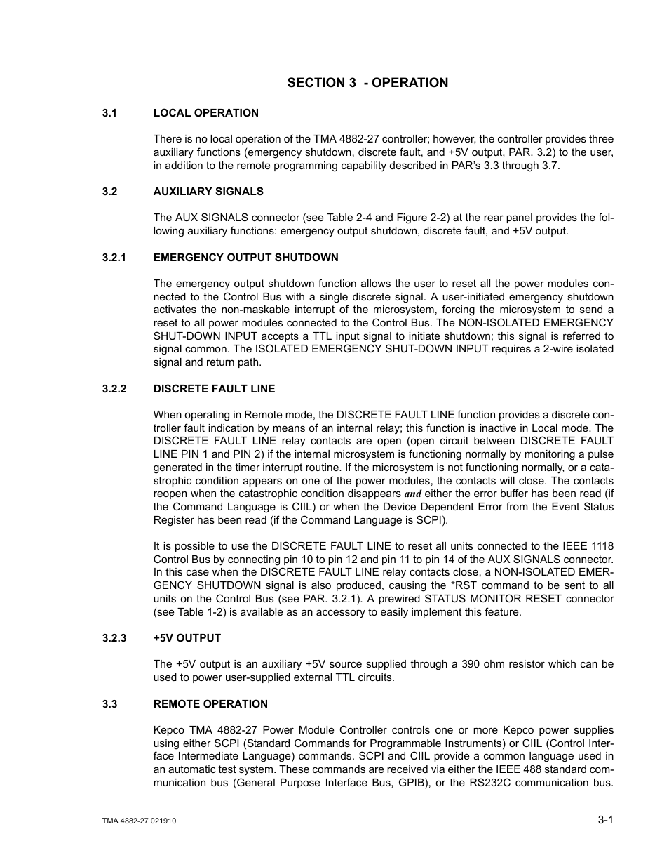 Section 3 - operation, 1 local operation, 2 auxiliary signals | 1 emergency output shutdown, 2 discrete fault line, 3 +5v output, 3 remote operation, Local operation -1, Auxiliary signals -1, Emergency output shutdown -1 | KEPCO TMA 4882-27 User Manual | Page 27 / 72