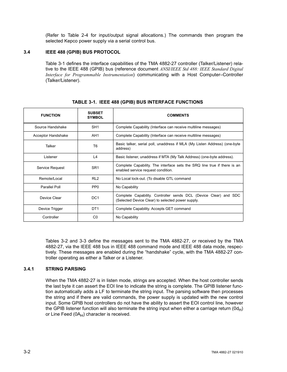 4 ieee 488 (gpib) bus protocol, Table 3-1. ieee 488 (gpib) bus interface functions, 1 string parsing | Ieee 488 (gpib) bus protocol -2, String parsing -2, Ieee 488 (gpib) bus interface functions -2, E 3-1 | KEPCO TMA 4882-27 User Manual | Page 28 / 72