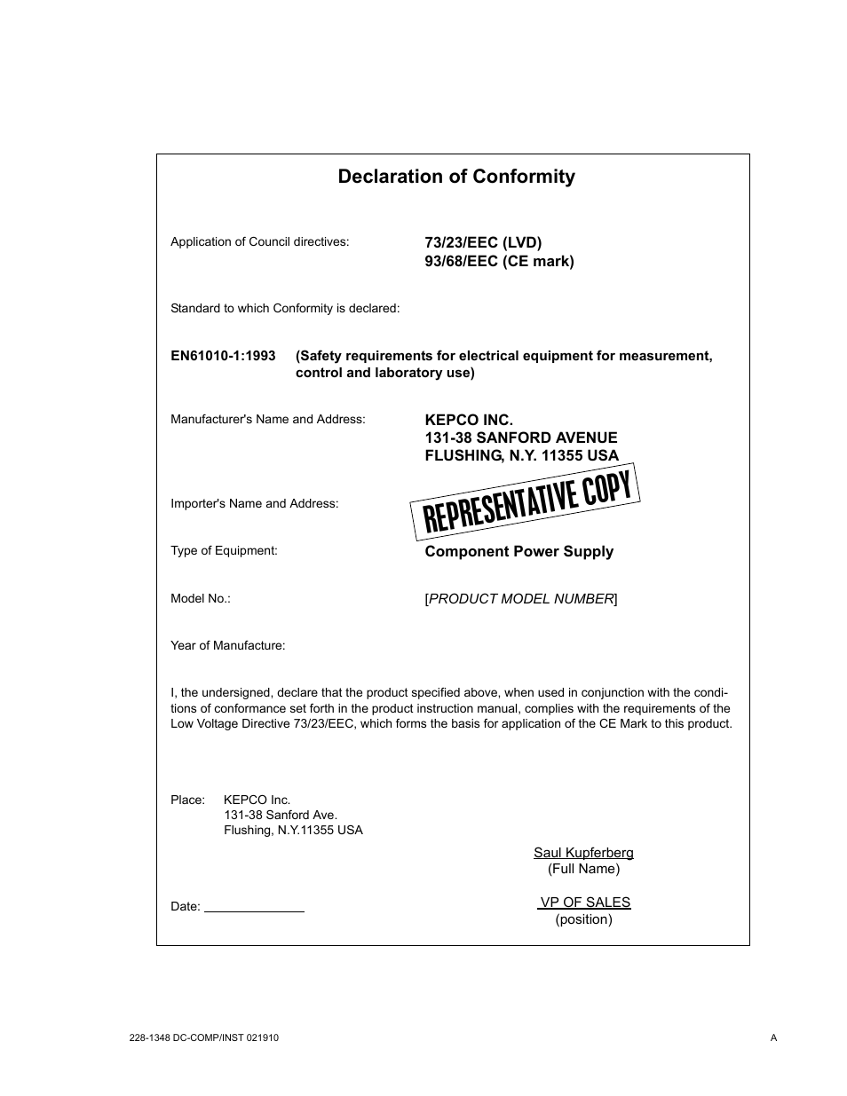 Represent ative cop y, Declaration of conformity | KEPCO TMA 4882-27 User Manual | Page 3 / 72