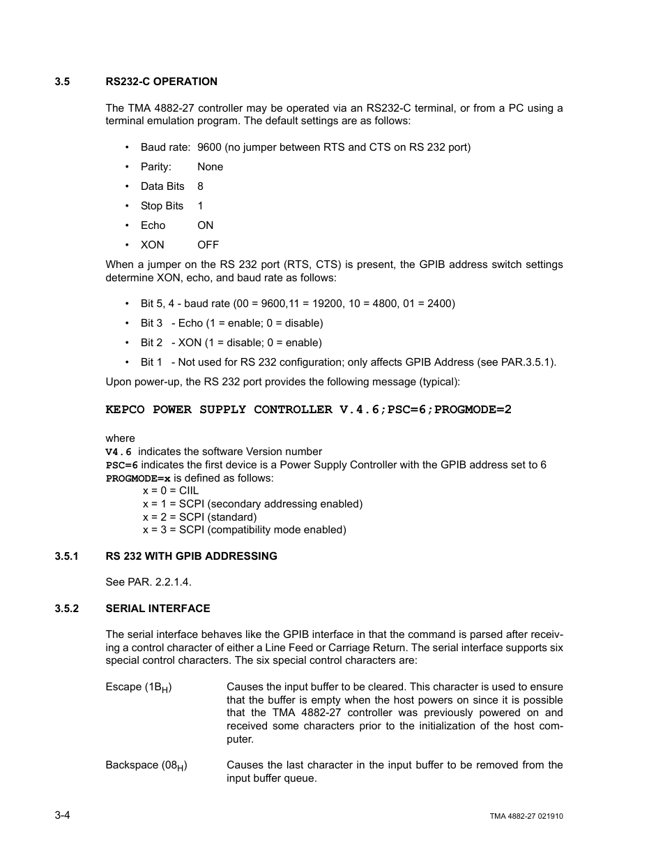 5 rs232-c operation, 1 rs 232 with gpib addressing, 2 serial interface | Rs232-c operation -4, Rs 232 with gpib addressing -4, Serial interface -4, R. 3.5 for | KEPCO TMA 4882-27 User Manual | Page 30 / 72
