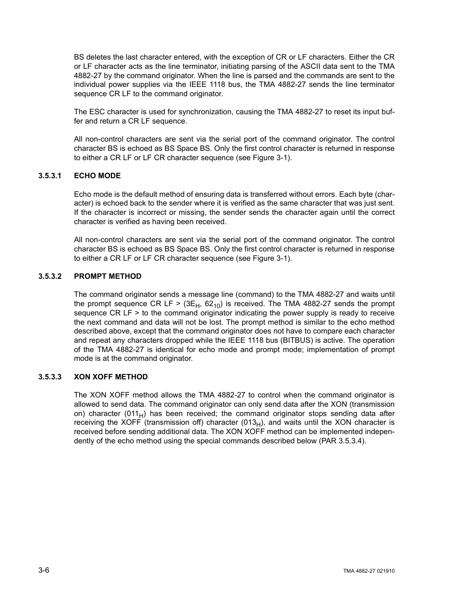 1 echo mode, 2 prompt method, 3 xon xoff method | Echo mode -6, Prompt method -6, Xon xoff method -6 | KEPCO TMA 4882-27 User Manual | Page 32 / 72