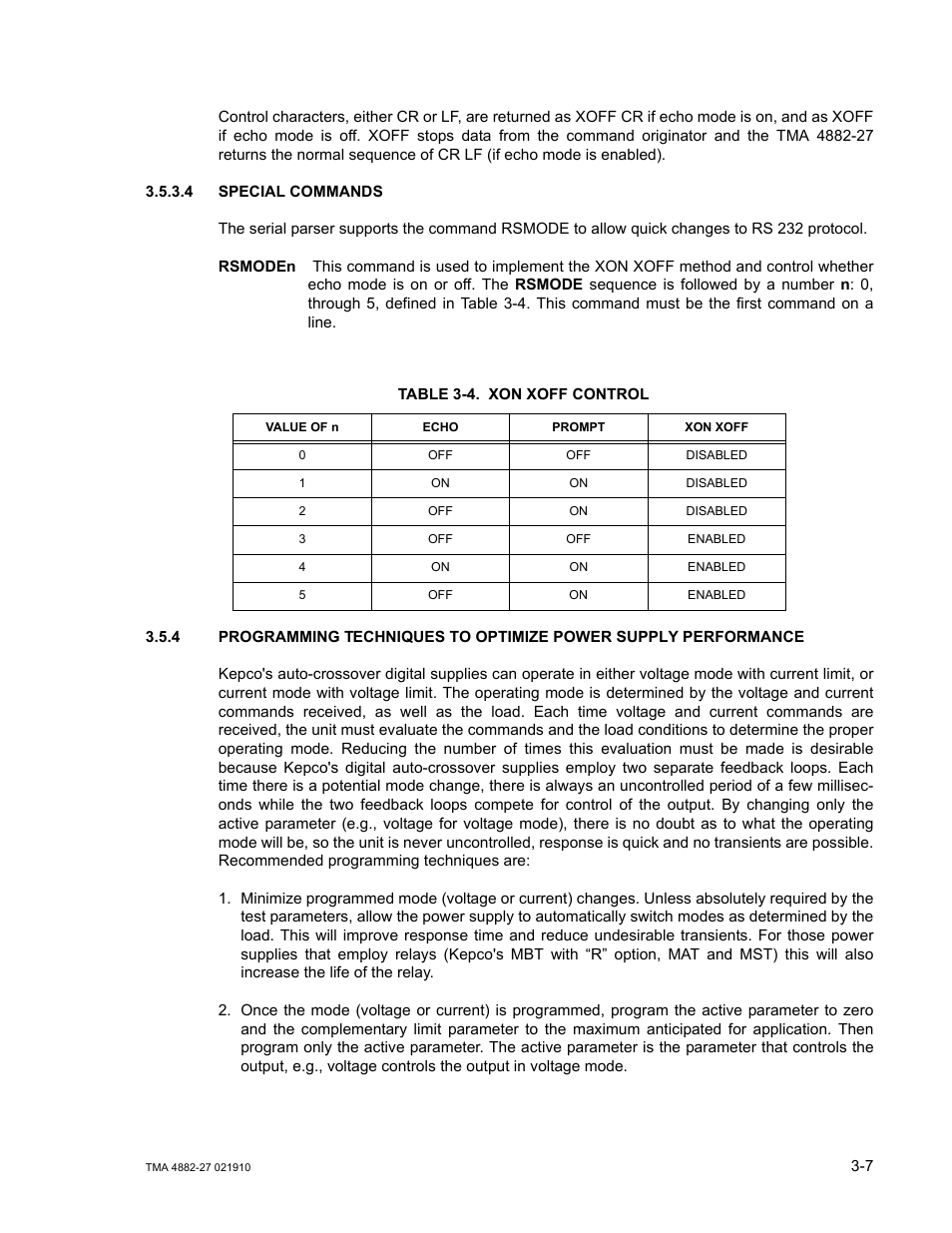 4 special commands, Table 3-4. xon xoff control, Special commands -7 | Xon xoff control -7 | KEPCO TMA 4882-27 User Manual | Page 33 / 72