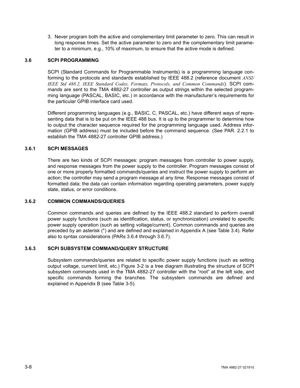 6 scpi programming, 1 scpi messages, 2 common commands/queries | 3 scpi subsystem command/query structure, Scpi programming -8, Scpi messages -8, Common commands/queries -8, Scpi subsystem command/query structure -8 | KEPCO TMA 4882-27 User Manual | Page 34 / 72