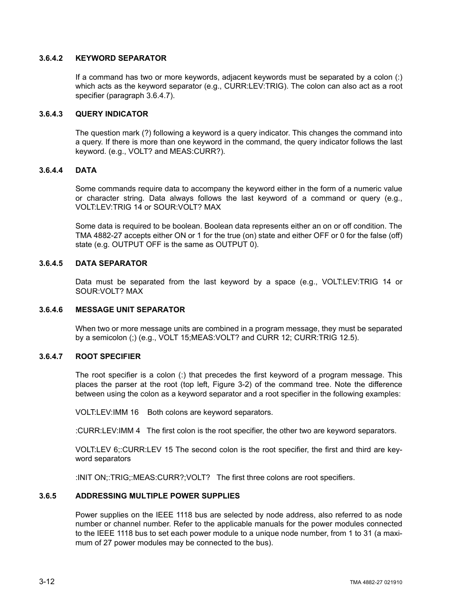 2 keyword separator, 3 query indicator, 4 data | 5 data separator, 6 message unit separator, 7 root specifier, 5 addressing multiple power supplies, Keyword separator -12, Query indicator -12, Data -12 | KEPCO TMA 4882-27 User Manual | Page 38 / 72