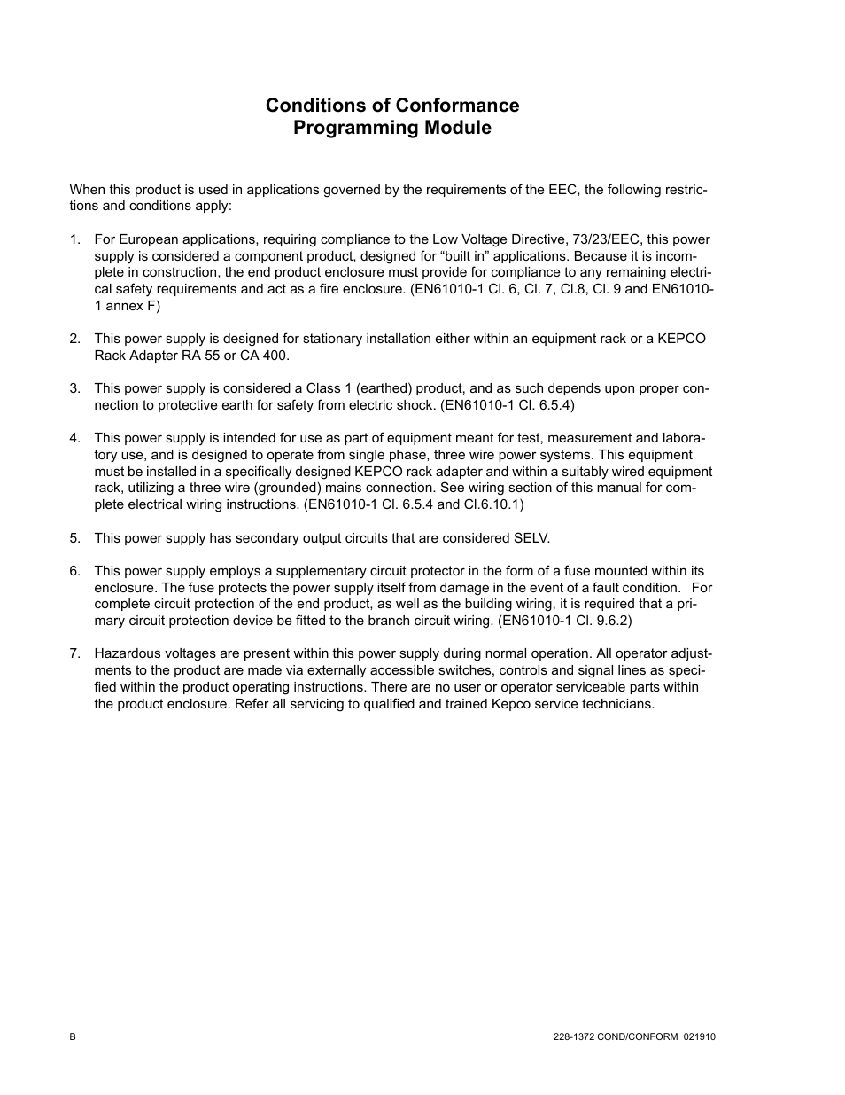 Conditions of conformance programming module | KEPCO TMA 4882-27 User Manual | Page 4 / 72