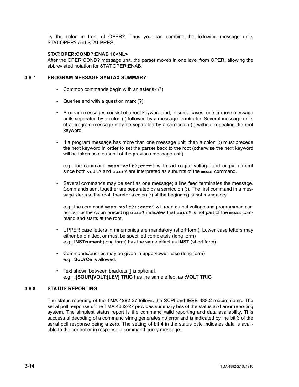 7 program message syntax summary, 8 status reporting, Program message syntax summary -14 | Status reporting -14, H 3.6.7) | KEPCO TMA 4882-27 User Manual | Page 40 / 72