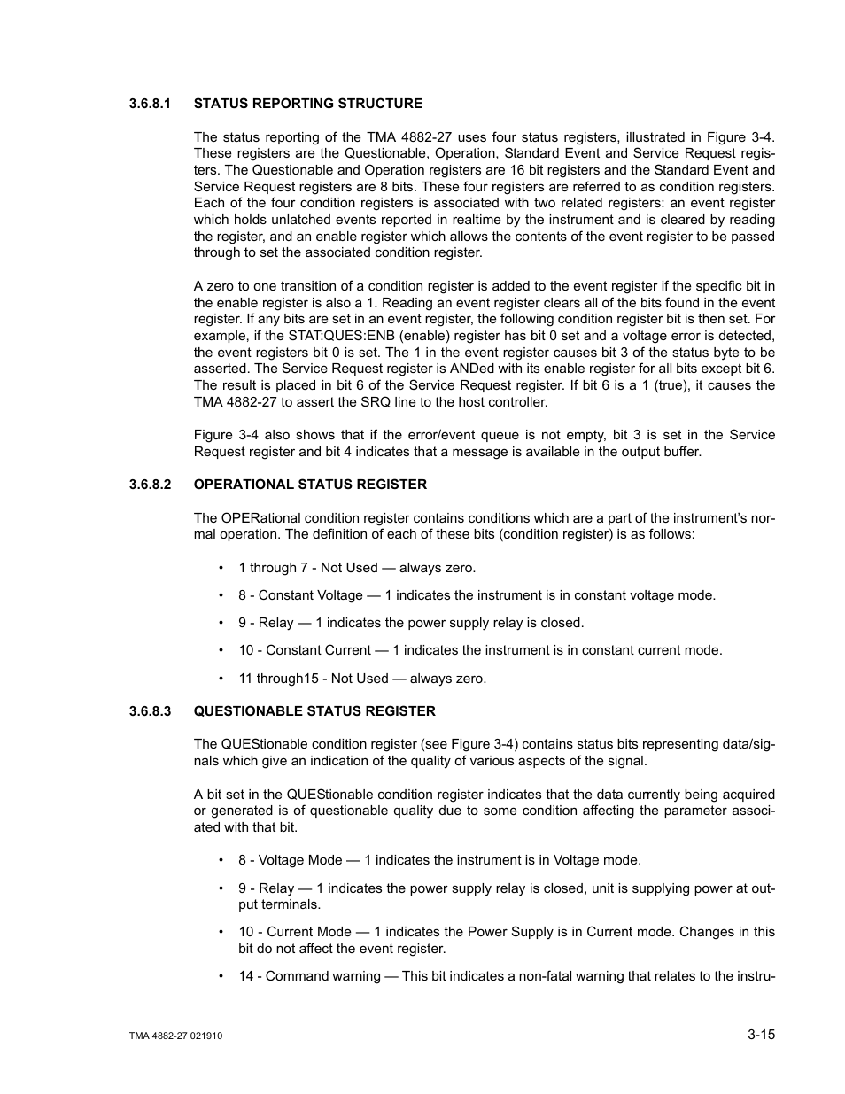 1 status reporting structure, 2 operational status register, 3 questionable status register | Status reporting structure -15, Operational status register -15, Questionable status register -15 | KEPCO TMA 4882-27 User Manual | Page 41 / 72