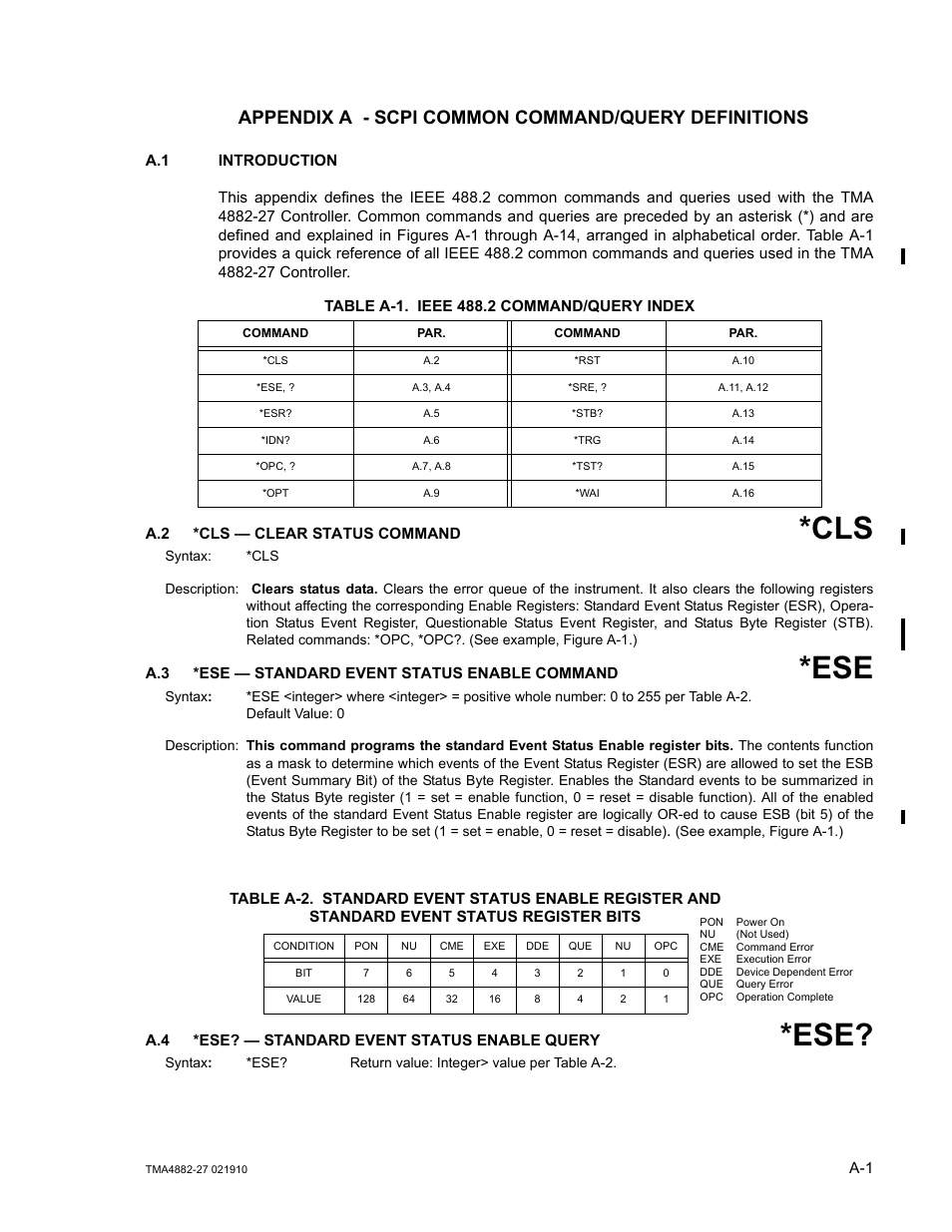 Appendix a - scpi common command/query definitions, A.1 introduction, Table a-1. ieee 488.2 command/query index | A.2 *cls — clear status command, A.3 *ese — standard event status enable command, A.4 *ese? — standard event status enable query | KEPCO TMA 4882-27 User Manual | Page 47 / 72