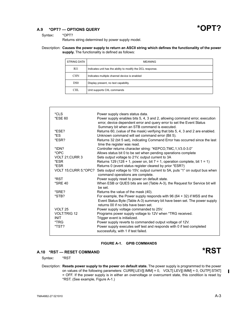 A.9 *opt? — options query, Figure a-1. gpib commands, A.10 *rst — reset command | A.10, Re a-1.), Gure a-1.), Ure a-1.), A-1.) | KEPCO TMA 4882-27 User Manual | Page 49 / 72