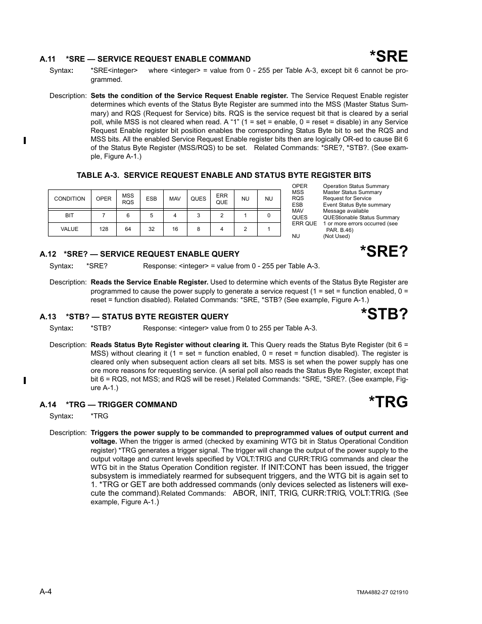 A.11 *sre — service request enable command, A.12 *sre? — service request enable query, A.13 *stb? — status byte register query | A.14 *trg — trigger command, A.11, A.12, A.13, A.14, A.11, a.12 | KEPCO TMA 4882-27 User Manual | Page 50 / 72