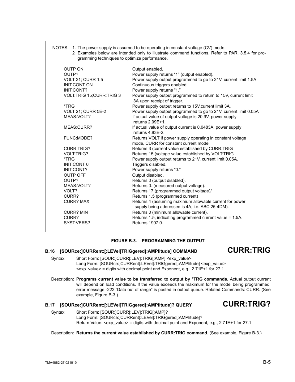 Figure b-3. programming the output, B.16, Sour | B.17, B-3 sh, B-3.), Re b-3, Curr:trig | KEPCO TMA 4882-27 User Manual | Page 57 / 72